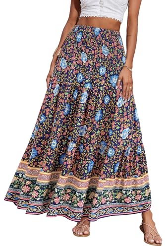 CFLONGE Damen 2023 Bohemian Lange Röcke Flowy Hohe Taille A Linie Maxi Röcke für Frauen Sommer, Blumenmuster Marineblau, X-Groß von CFLONGE