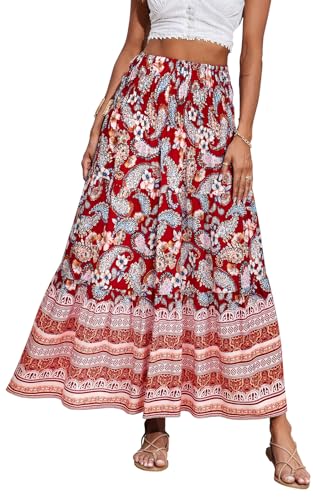 CFLONGE Damen 2024 Bohemian Long Skirts Flowy High Waist A Line Maxi Röcke für Frauen Sommer Plissee Mini Röcke, Weinrot, Groß von CFLONGE