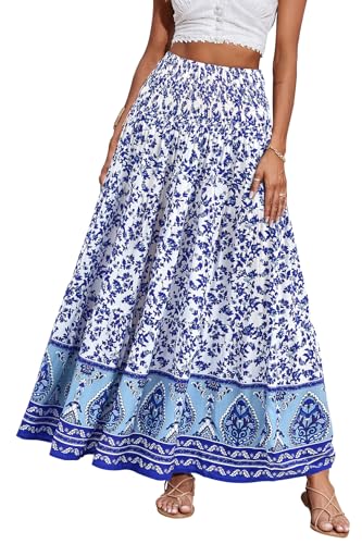 CFLONGE Sommer-Maxi-Röcke für Damen, 2025, modisch, Boho, langer Rock, trendig, Blumenmuster, hohe Taille, A-Linie, Strandrock, Urlaubs-Outfit, Weiße blaue Blume, X-Groß von CFLONGE