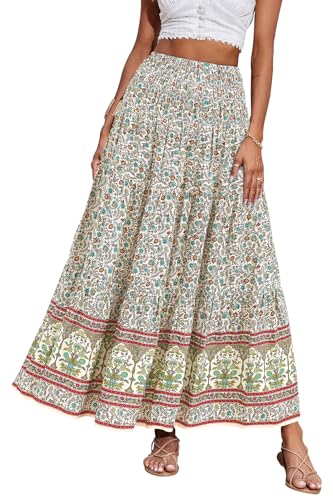 CFLONGE Sommer-Maxi-Röcke für Damen, 2025, modisch, Boho, langer Rock, trendig, Blumenmuster, hohe Taille, A-Linie, Strandrock, Urlaubs-Outfit, Weiße gelbe Blume, Groß von CFLONGE