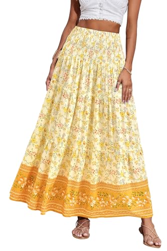 CFLONGE Sommer-Maxi-Röcke für Damen, 2025, modisch, Boho, langer Rock, trendig, Blumenmuster, hohe Taille, A-Linie, Strandrock, Urlaubs-Outfit, gelb, Klein von CFLONGE