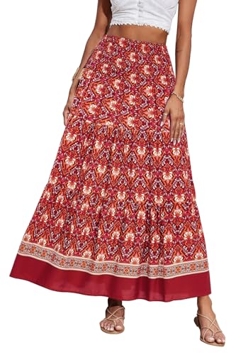 CFLONGE Sommer-Maxi-Röcke für Damen, 2025, modisch, Boho, langer Rock, trendig, Blumenmuster, hohe Taille, A-Linie, Strandrock, Urlaubs-Outfit, Floral Rot, Groß von CFLONGE