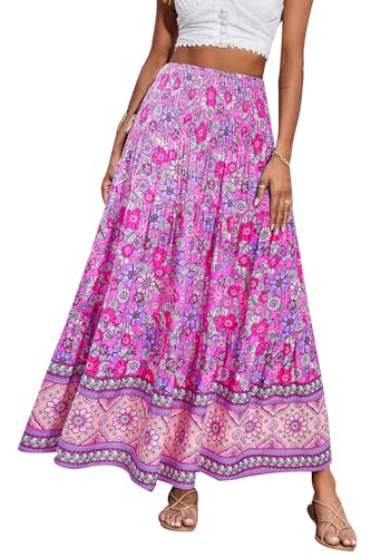 CFLONGE Sommer-Maxi-Röcke für Damen, 2025, modisch, Boho, langer Rock, trendig, Blumenmuster, hohe Taille, A-Linie, Strandrock, Urlaubs-Outfit, Lila weiße Blume, X-Groß von CFLONGE