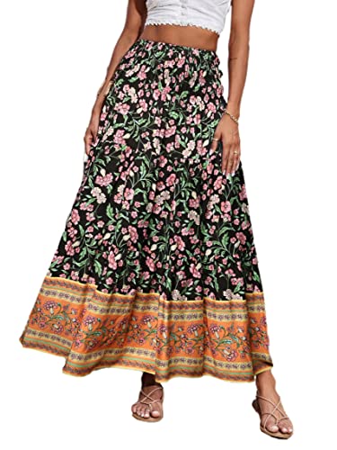 CFLONGE Sommer-Maxi-Röcke für Damen, 2025, modisch, Boho, langer Rock, trendig, Blumenmuster, hohe Taille, A-Linie, Strandrock, Urlaubs-Outfit, Schwarz, Groß von CFLONGE