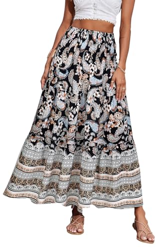 CFLONGE Sommer-Maxi-Röcke für Damen, 2025, modisch, Boho, langer Rock, trendig, Blumenmuster, hohe Taille, A-Linie, Strandrock, Urlaubs-Outfit, Schwarz-blaue Blume, Groß von CFLONGE