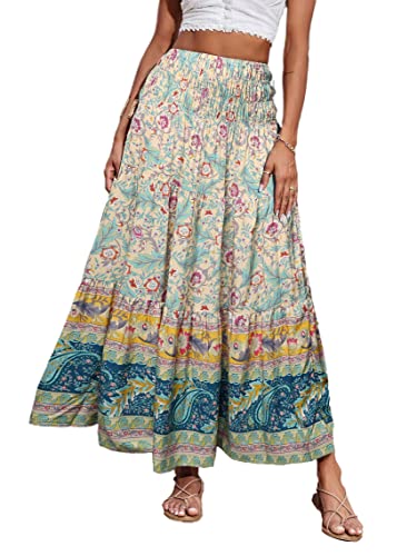 CFLONGE Sommer-Maxi-Röcke für Damen, 2025, modisch, Boho, langer Rock, trendig, Blumenmuster, hohe Taille, A-Linie, Strandrock, Urlaubs-Outfit, aprikose, Groß von CFLONGE