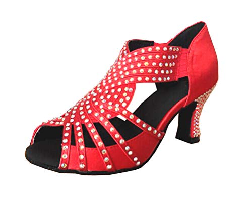 CFP JJ-6173 Damen Tanzschuhe Latein Tango Salsa Ballsaal Party Hochzeit Peep-Toe Kitten Heel Satin, Rot - rot - Größe: 38 EU von CFP