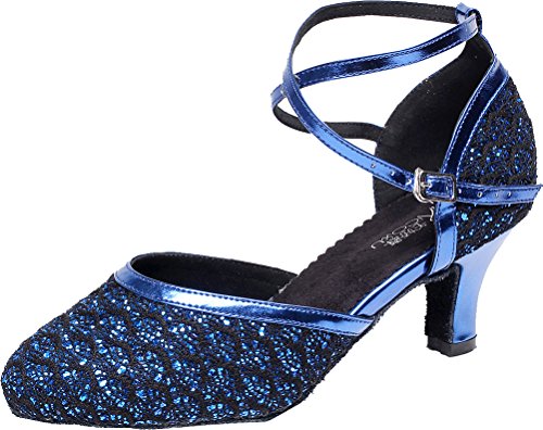 Damen Tanzschuhe Latein Salsa Tango Cha-Cha Party Hochzeit Mittelabsatz Rund-Zehe PU Tanzschuhe, Blau - blau - Größe: 34 EU von CFP