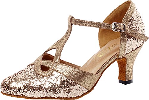 Damen Tanzschuhe Latein Salsa Tango Cha-Cha Party Practice Anfänger T-Bar Geschlossene Zehen PU Professionelle Tanzschuhe, Gold - Gold - Größe: 38 EU von CFP