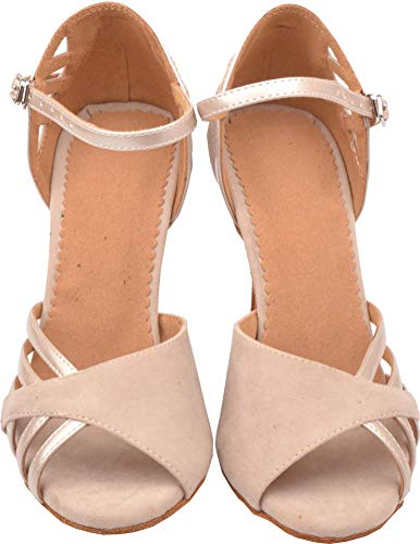 Damen Tanzschuhe mit Absatz oder Sohle, lateinischer Tango, Cha-Cha, Rumba, Party, Hochzeit, Salsa, niedriger Absatz Peep Toe, Pink - hautfarben - Größe: 37 EU von CFP