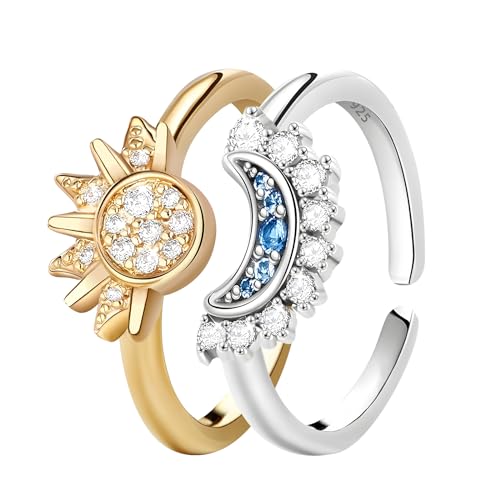 CFPLeHiYS Sonne Mond Ring Set,Verstellbar 925 Gold Silber Sun und Moon Ringe Dupes Schmuck Geschenke für Frauen Damen,Matching Rings Paare Valentinstag Freundschaftsringe von CFPLeHiYS