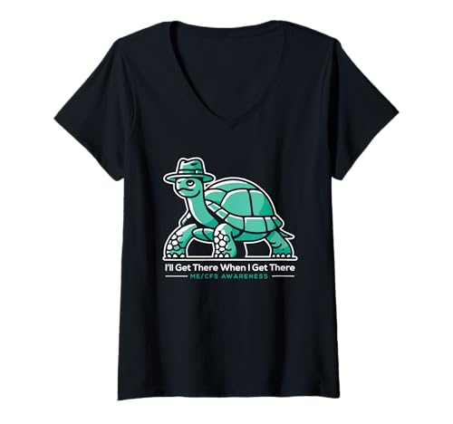 Damen ME/CFS AWARENESS - TURTLE - ICH WERDE DA SEIN, WENN ICH DA BIN T-Shirt mit V-Ausschnitt von CFS/ME Thriver