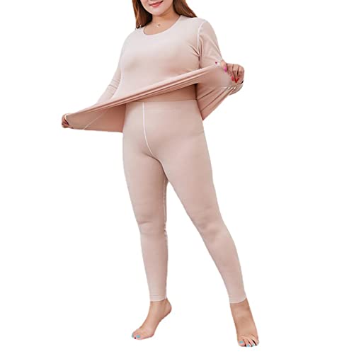 CFlong Thermowäsche Set, DamenThermounterwäsche, Thermo Unterwäsche, Ultra Weich Warm Rundhalsausschnitt Mit Hoher Taille Große Ober- Und Unterteile (Beige,6XL) von CFlong