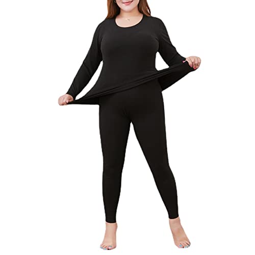 CFlong Thermowäsche Set, DamenThermounterwäsche, Thermo Unterwäsche, Ultra Weich Warm Rundhalsausschnitt Mit Hoher Taille Große Ober- Und Unterteile (Black,5XL) von CFlong