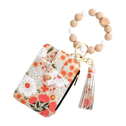 CGACCSD Eisschlüssel-Brieftasche, Schlüsselanhänger aus Perlen Soupched | Schlüsseltasche aus Perlholz für Kreditkarten | Schlüsselbörse im Boho-Stil mit Blumenmuster für Frauen, kaki, Se référer au von CGACCSD