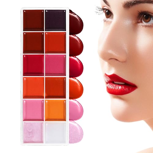 CGACCSD Lippenpalette, Lidschatten-Palette – feuchtigkeitsspendendes Set, wasserdicht, vibrierende Pigmenttöne, 12 Farben, glänzend, für Frauen von CGACCSD