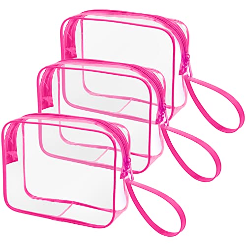 CGBE 3 Stück Kulturbeutel Transparent, Durchsichtige Kosmetiktasche Reise Make-up Tasche, Wasserdicht Kulturtasche Reisebeutel Waschtasche für Damen Herren, Rosarot von CGBE