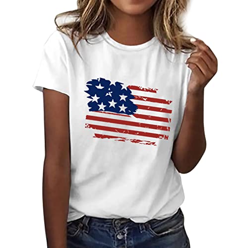 CGGMVCG 4. Juli Shirts für Damen Amerika Flagge Print O Ausschnitt Kurzarm Bluse Tops T-Shirts Damen Patriotische Shirts, Weiss/opulenter Garten, Mittel von CGGMVCG