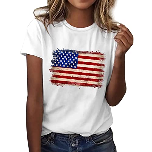CGGMVCG 4. Juli Shirts für Frauen Amerika Flagge Druck O Ausschnitt Kurzarm Bluse Tops T-Shirts T Amerikanische Flagge Tops für Frauen, Weiß, X-Groß von CGGMVCG