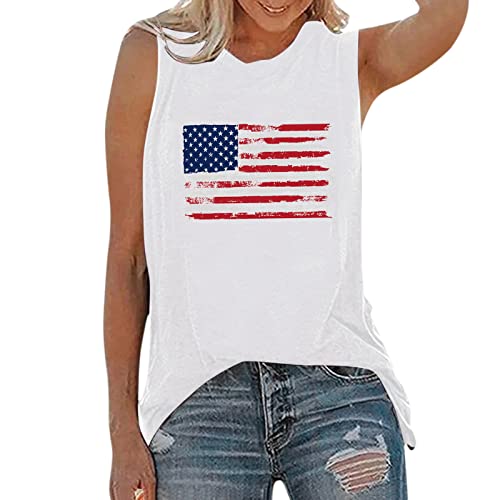 CGGMVCG 4. Juli Tank Damen Amerikanische Flagge Druck Ärmelloses T-Shirt Sommer Casual Muscle Tees USA Tank Tops für Frauen, Z01 Weiß, XL von CGGMVCG