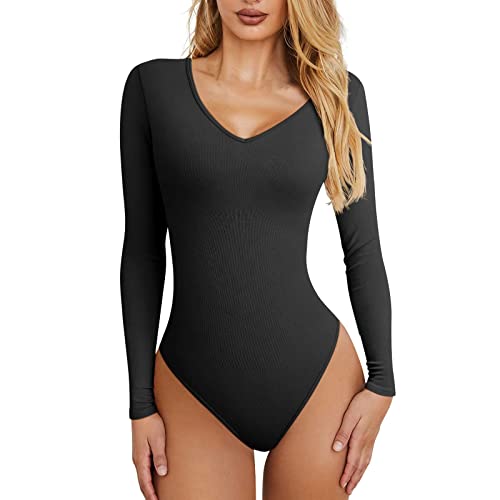 CGGMVCG Bauchkontrolle Body für Frauen Langarm Sexy Gerippte Strickschicht Shirts Slim Fit Basic Body Suit Jumpsuit, Schwarz, M von CGGMVCG