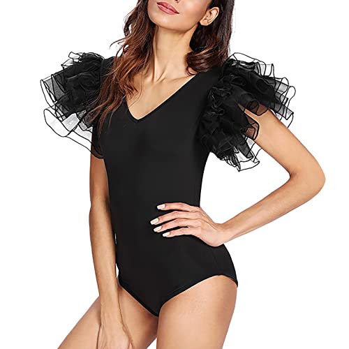 CGGMVCG Body für Damen, Rüschen, kurzärmelig, V-Ausschnitt, einfarbig, enges Hemd, sexy, schmale Passform, Body, Schwarz, XL von CGGMVCG