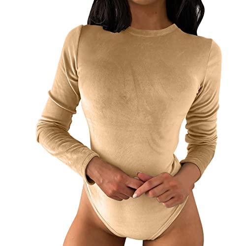 CGGMVCG Body für Damen, langärmelig, Rundhalsausschnitt, Samt-Schicht, einfarbig, Tanga, Body, Beige, M von CGGMVCG