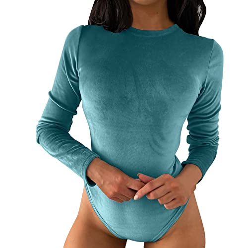 CGGMVCG Body für Damen, langärmelig, Rundhalsausschnitt, Samt-Schicht, einfarbig, Tanga, Body, Blau, L von CGGMVCG