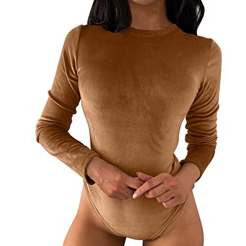 CGGMVCG Body für Damen, langärmelig, Rundhalsausschnitt, Samt-Schicht, einfarbig, Tanga, Body, Braun, L von CGGMVCG