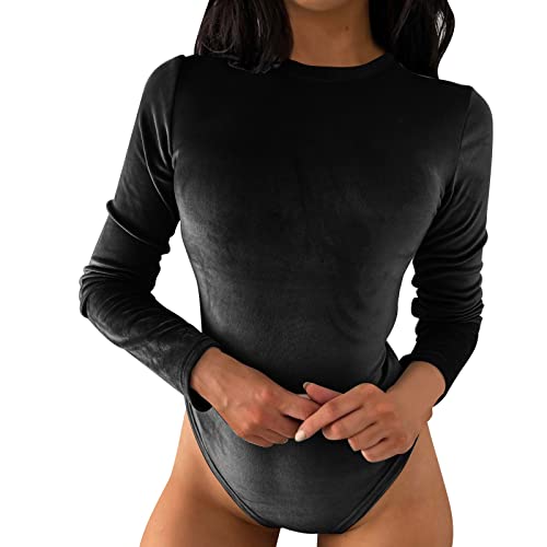 CGGMVCG Body für Damen, langärmelig, Rundhalsausschnitt, Samt-Schicht, einfarbig, Tanga, Body, Schwarz, L von CGGMVCG