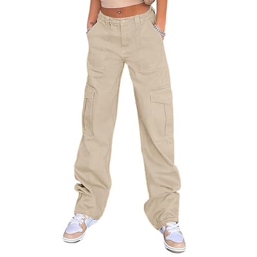 CGGMVCG Cargohose für Damen, hohe Taille, mehrere Taschen, Y2K, Streetwear, Kampf, Militär, Arbeitshose, Beige, S von CGGMVCG