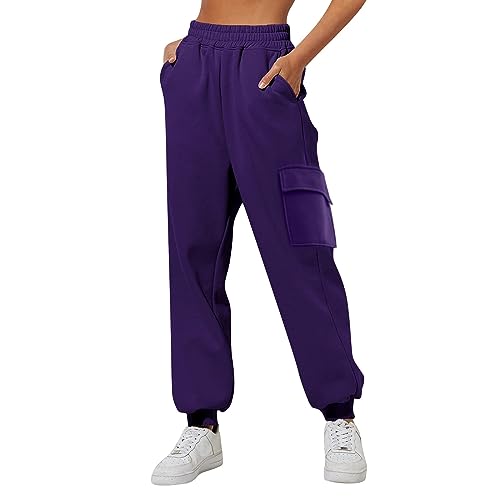 CGGMVCG Damen-Cargo-Jogginghose mit hoher Taille, elastisch, mit Taschen, Violett, M von CGGMVCG