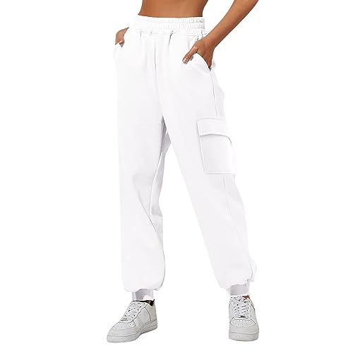 CGGMVCG Damen-Cargo-Jogginghose mit hoher Taille, elastisch, mit Taschen, Weiss/opulenter Garten, X-Groß von CGGMVCG