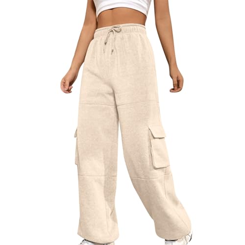 CGGMVCG Damen-Cargo-Jogginghose mit hoher Taille, elastisch, mit Taschen, Z01 Beige, M von CGGMVCG