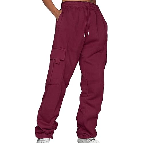 CGGMVCG Damen-Cargo-Jogginghose mit hoher Taille, elastisch, mit Taschen, Z02 Burgund, S von CGGMVCG