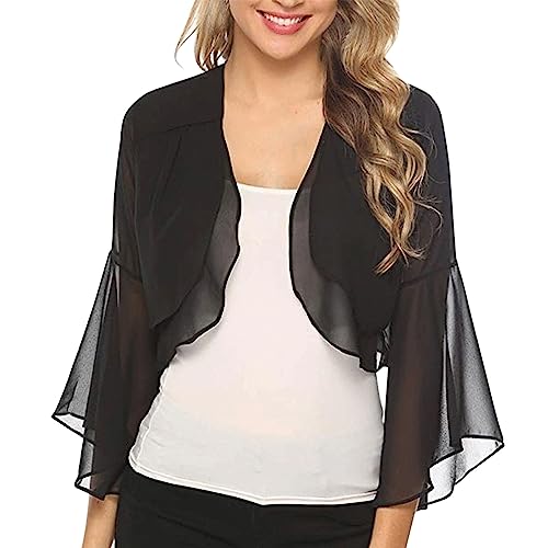 CGGMVCG Damen Chiffon Bolero Kurzarm Elegant Shrug Top Open Front Strickjacke Cardigan Sommer Cropped Transparent Bolerojacke für Frauen, Z02 Schwarz, Groß von CGGMVCG