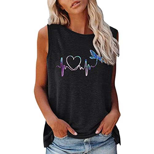 CGGMVCG Damen Grafik Tank Tops O-Ausschnitt Tank Ärmellose Bluse Grafik T-Shirts Druck Sommer Ärmellos T-Shirts für Damen, Z01 Schwarz, Klein von CGGMVCG