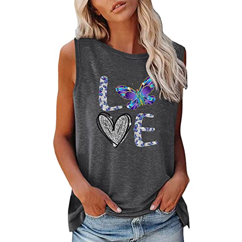 CGGMVCG Damen Graphic Tank Tops O-Ausschnitt Tank ärmellose Bluse Grafik T-Shirts Druck Sommer ärmellose T-Shirts für Frauen, Z021 Dunkelgrau, Klein von CGGMVCG