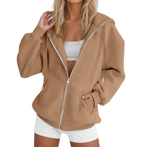 CGGMVCG Damen Kapuzenpullover mit Reißverschluss Übergroße Kapuzen Sweatshirts Übergröße Herbst Winter Lässige Modejacke mit Taschen, Khaki, S von CGGMVCG