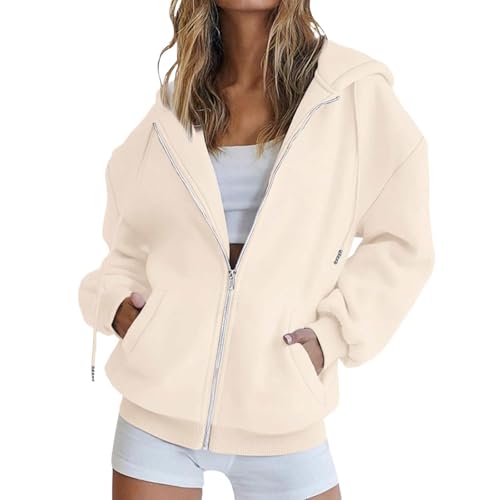 CGGMVCG Damen Kapuzenpullover mit Reißverschluss Übergroße Kapuzen Sweatshirts Übergröße Herbst Winter Lässige Modejacke mit Taschen, Z01 Beige, M von CGGMVCG