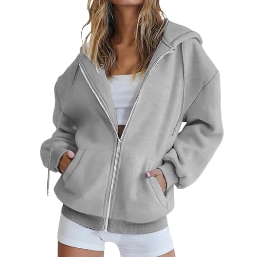 CGGMVCG Damen Kapuzenpullover mit Reißverschluss Übergroße Kapuzen Sweatshirts Übergröße Herbst Winter Lässige Modejacke mit Taschen, Z01 Grau, XXL von CGGMVCG