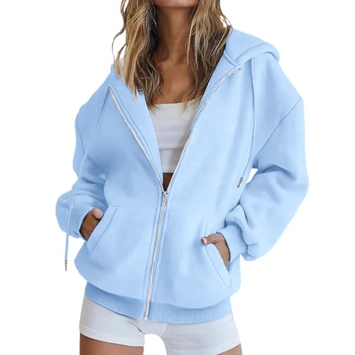 CGGMVCG Damen Kapuzenpullover mit Reißverschluss Übergroße Kapuzen Sweatshirts Übergröße Herbst Winter Lässige Modejacke mit Taschen, Z01 Hellblau, XXL von CGGMVCG