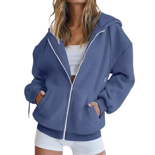 CGGMVCG Damen Kapuzenpullover mit Reißverschluss Übergroße Kapuzen Sweatshirts Übergröße Herbst Winter Lässige Modejacke mit Taschen, Z01 Marineblau, L von CGGMVCG
