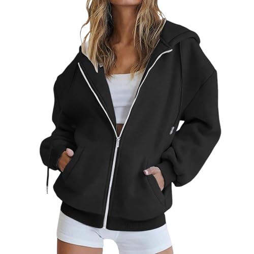 CGGMVCG Damen Kapuzenpullover mit Reißverschluss Übergroße Kapuzen Sweatshirts Übergröße Herbst Winter Lässige Modejacke mit Taschen, Z01 Schwarz, L von CGGMVCG
