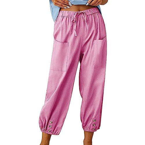 CGGMVCG Damen Leinen Hosen Frauen Casual Einfarbig Lose Taschen Baumwolle Hosen Lange Elastische Hosen Hosen für Frauen, Z01 Pink, XXL von CGGMVCG