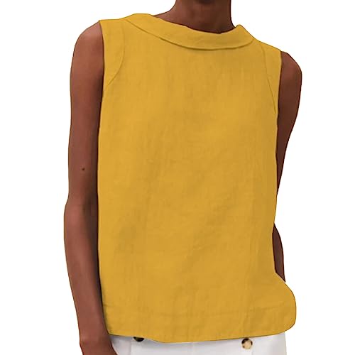 CGGMVCG Damen Leinen Tank Tops Einfarbig Big Drop Kragen Lose Plissee Zwei Frauen ärmellose Tops, Gelb, XXL von CGGMVCG