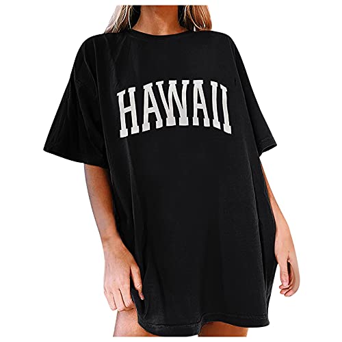 CGGMVCG Damen Oversized T Shirts Hawaii Shirt Top Bluse Bedrucktes Muster Vintage Causal T-Shirt Grafik Tees Frauen, Schwarz, XX-Large von CGGMVCG