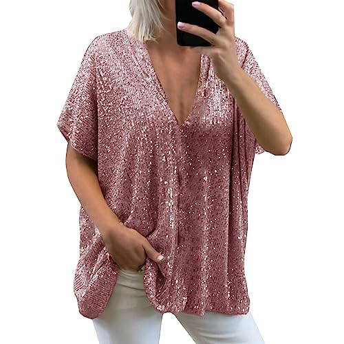 CGGMVCG Damen-Sommer-Tops, Frühling/Sommer, lässig, lockere Passform, großer Ausschnitt, V-Ausschnitt, kurze Ärmel, Pailletten, Damen-T-Shirts, Rosa, XXL von CGGMVCG