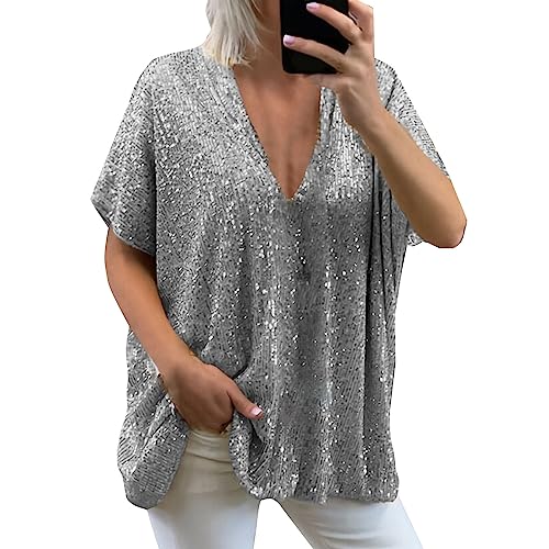 CGGMVCG Damen-Sommer-Tops, Frühling/Sommer, lässig, lockere Passform, großer Ausschnitt, V-Ausschnitt, kurze Ärmel, Pailletten, Damen-T-Shirts, Silber, XXL von CGGMVCG