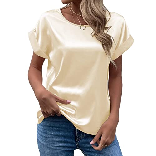 CGGMVCG Damen Sommer Tops Frühling Sommer Damen Kurzarm Seide Satin Hemd Lose Casual Rundhals Blusen, Beige, X-Groß von CGGMVCG